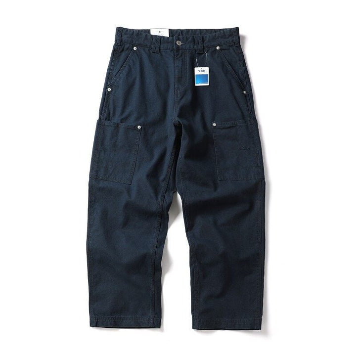 Men's Wide Canvas Cargo Pants with Large Patch Leg Pockets and Relaxed Baggy Cut Amarae
