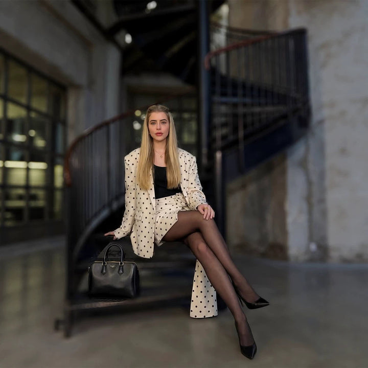 Ladies Two-Piece Blazer and Wrap Mini Skirt Set with Dots and Decorative Bow Amarae