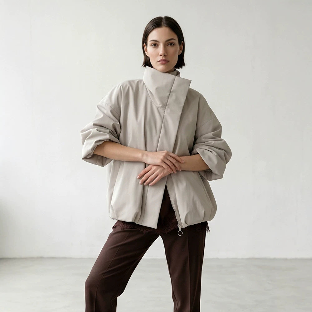 Women's boxy short quilted jacket with high asymmetric stand-up collar Amarae