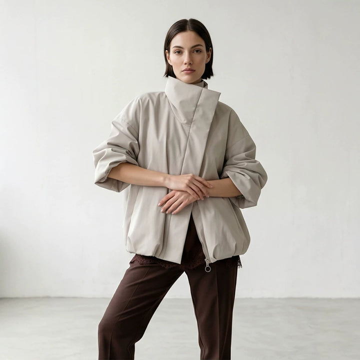 Women's boxy short quilted jacket with high asymmetric stand-up collar Amarae