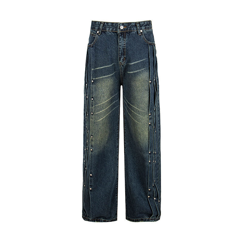 Women's Loose Denim Jeans with Snap Button Side Stripes, High Waist and Used Wash Amarae