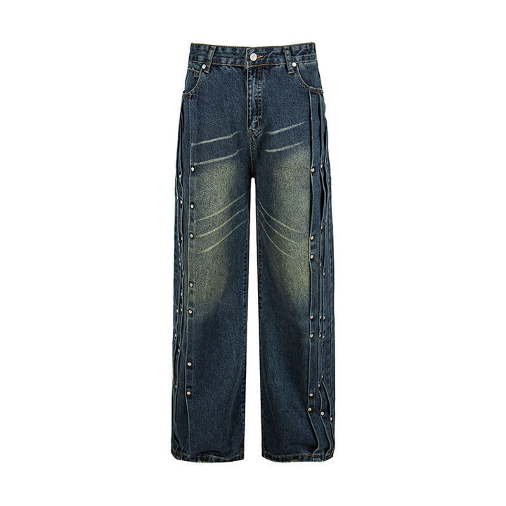 Women's Loose Denim Jeans with Snap Button Side Stripes, High Waist and Used Wash Amarae