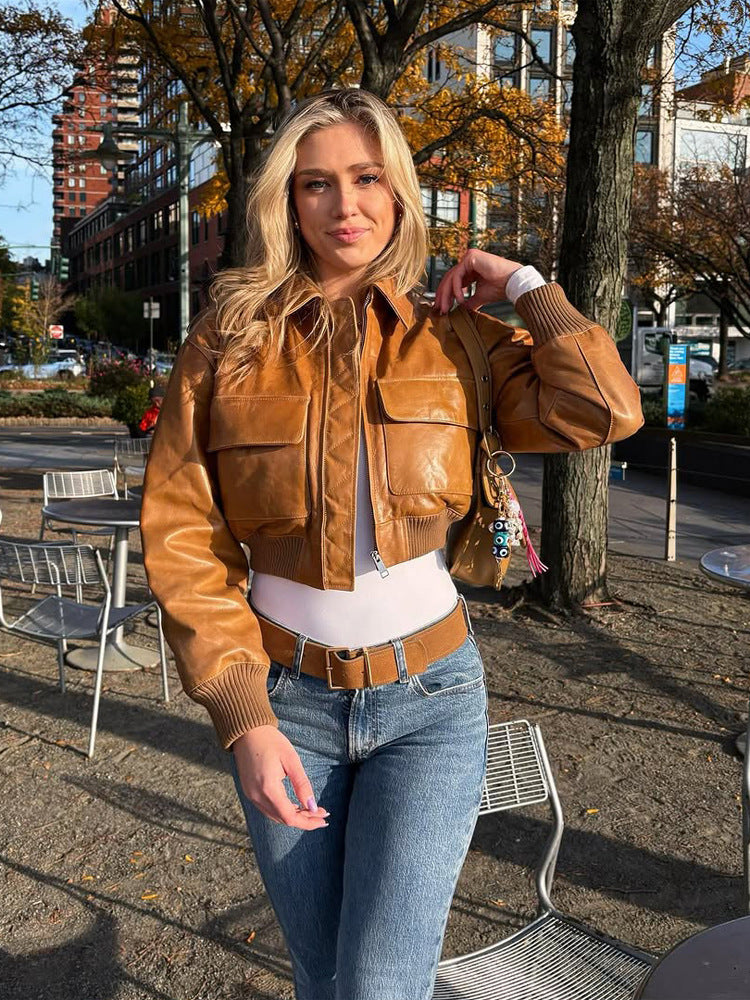 Women's Short Leather-Look Blouson Jacket with Large Flap Pockets and Ribbed Cuff Amarae