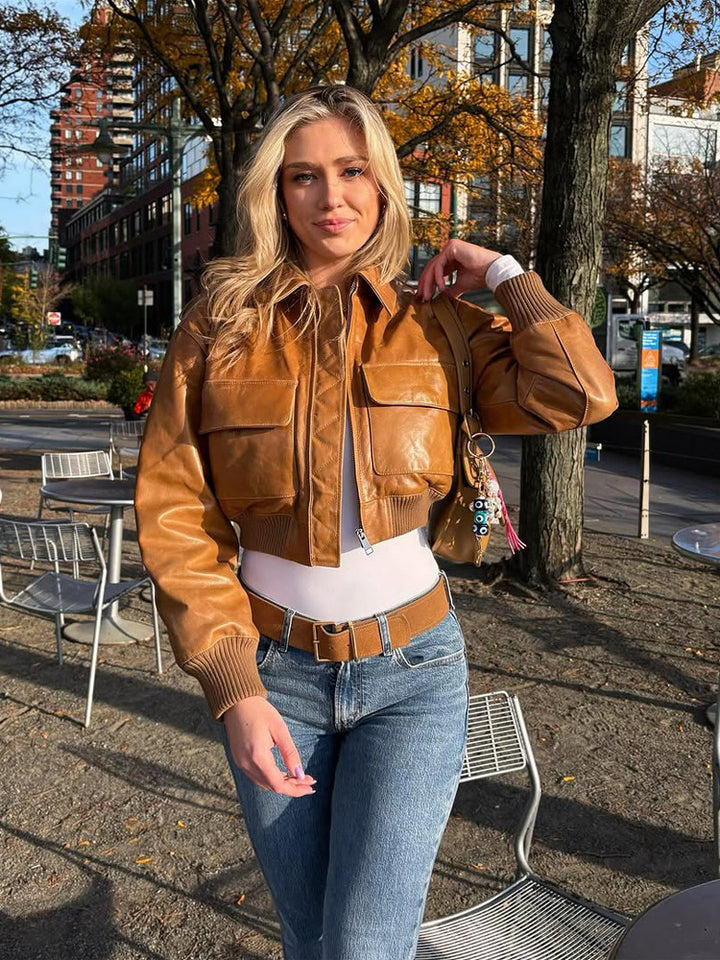 Women's Short Leather-Look Blouson Jacket with Large Flap Pockets and Ribbed Cuff Amarae