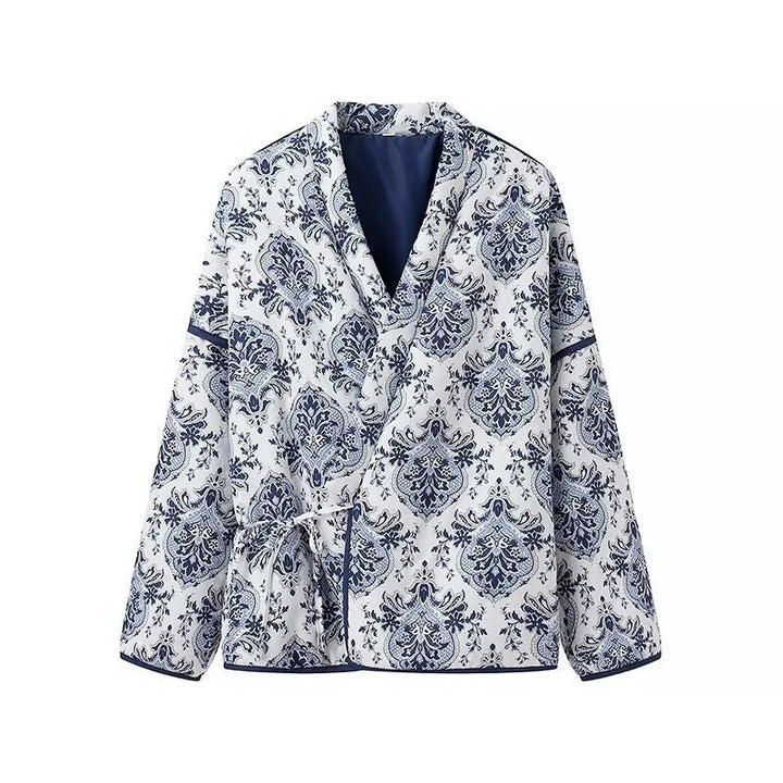 Women's Padded Kimono Jacket with Ornamental Print, Contrasting Trim and Waist Belt Amarae