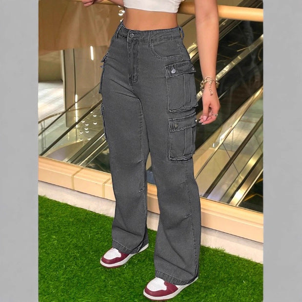 Women's Cargo Denim Pants with Wide Leg, High Waist & Multifunctional Flap Pockets Amarae