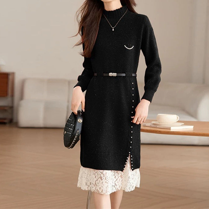 Women's knit dress with decorative button details and lace Lune London