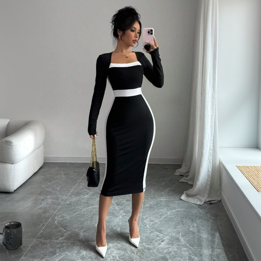 Robe midi ajustée pour femme avec décolleté carré et accents contrastants Chic & Stil