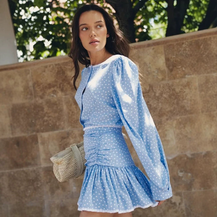 Women's Playful Polka Dot Two-Piece with Ruffled Mini Skirt and Puff Sleeves Amarae