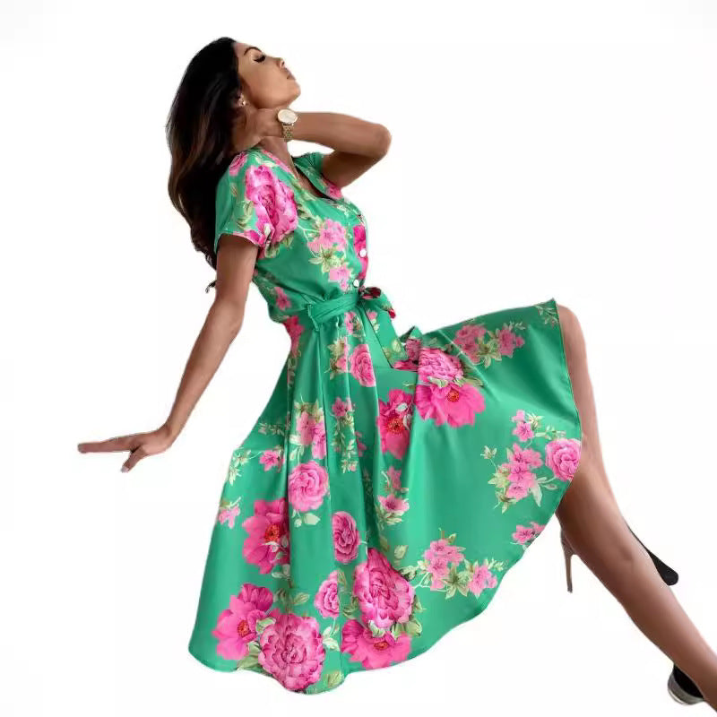 Midi floral pattern dress for women with a tie belt Lune London