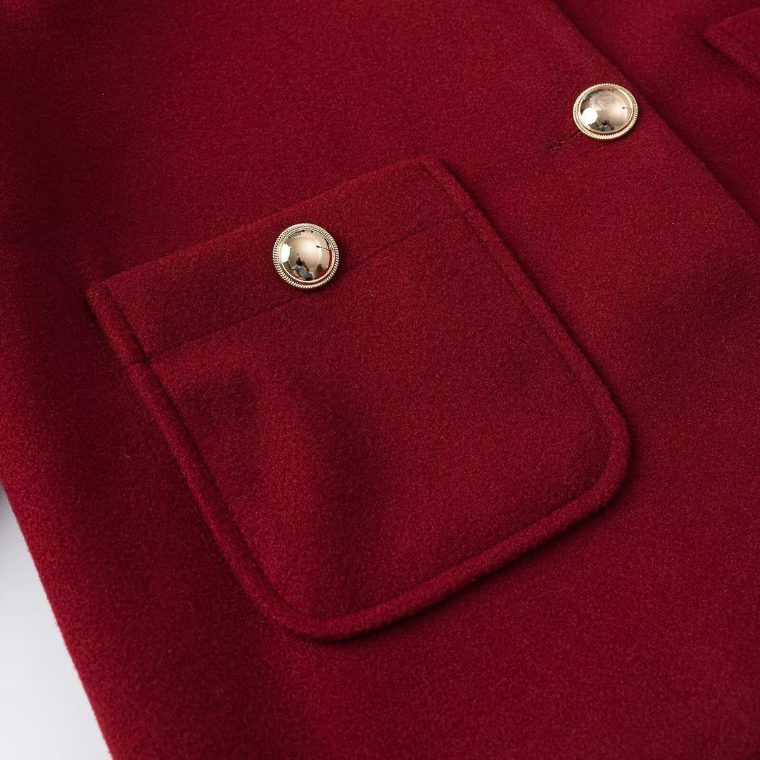 Women's cropped wool blend jacket with round neck, patch pockets and gold decorative buttons Amarae