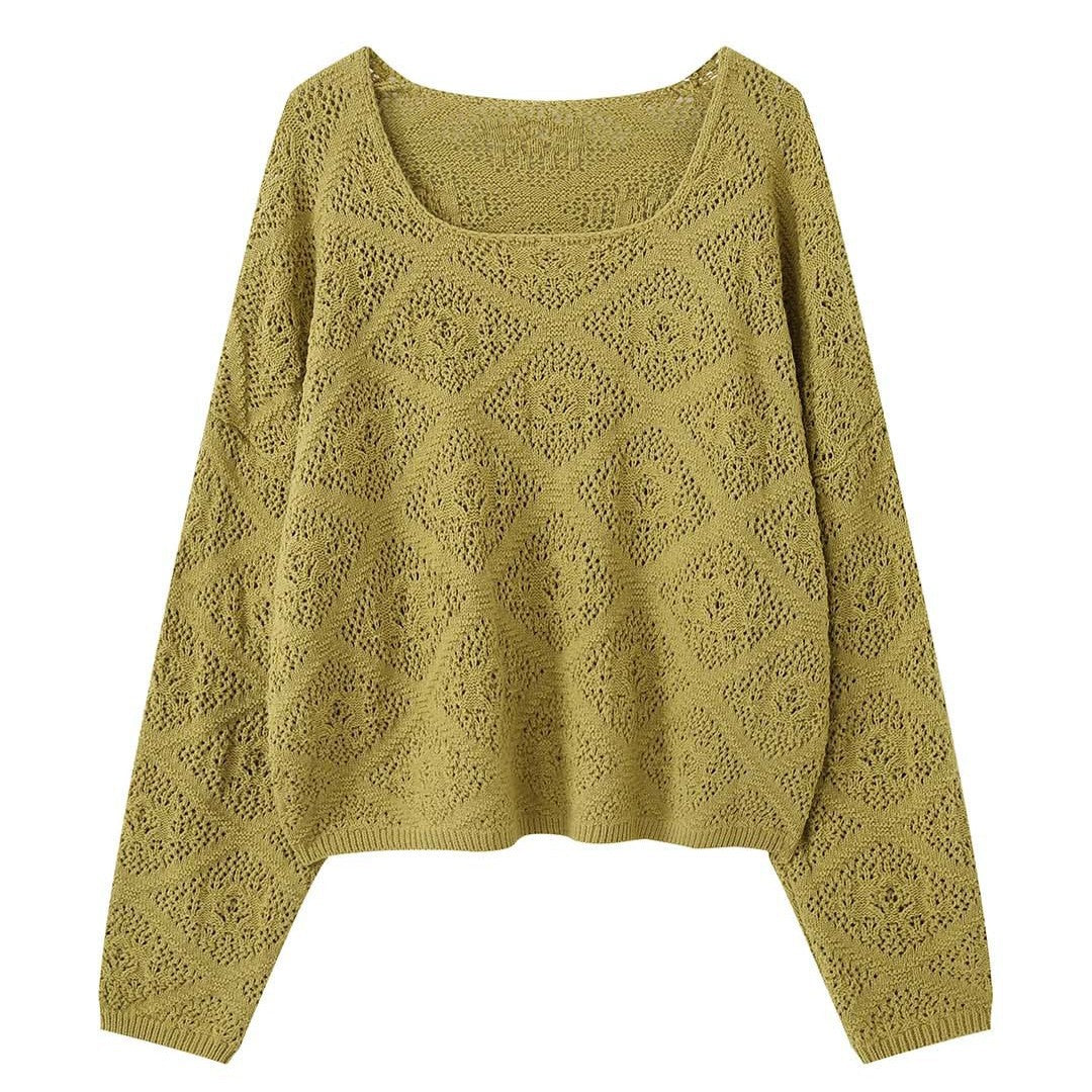 Women Casual Ajour Knit Sweater with Wide Boat Neck Amarae