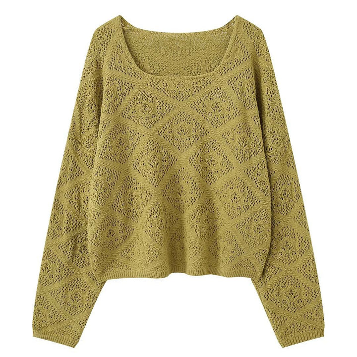 Women Casual Ajour Knit Sweater with Wide Boat Neck Amarae