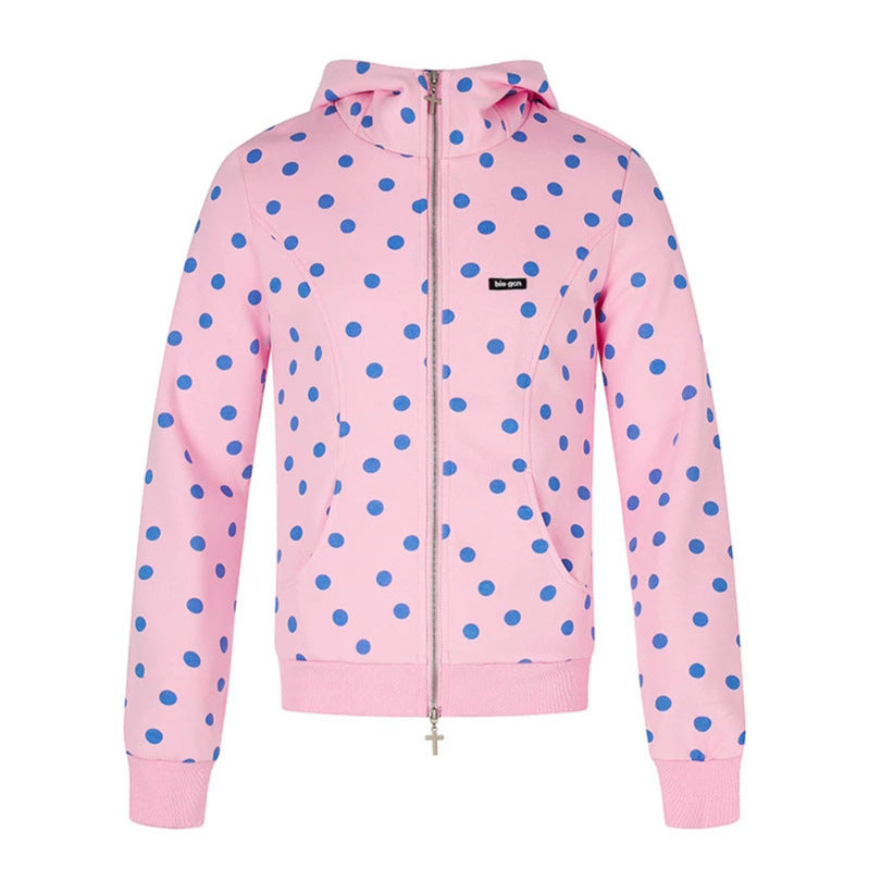 Women's Figure-Hugging Hooded Sweat Jacket with Polka Dot Pattern, Metal Front Zipper and Kangaroo Pockets Amarae