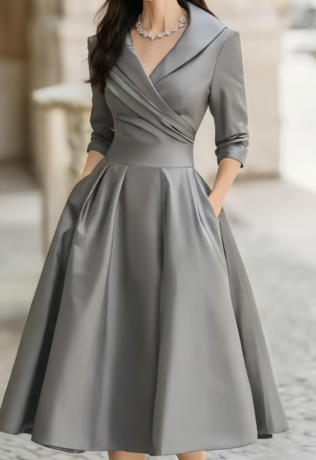 Women's Elegant Satin Midi Dress with Wrap Top, Mid-Length Sleeves and Side Pockets Amarae