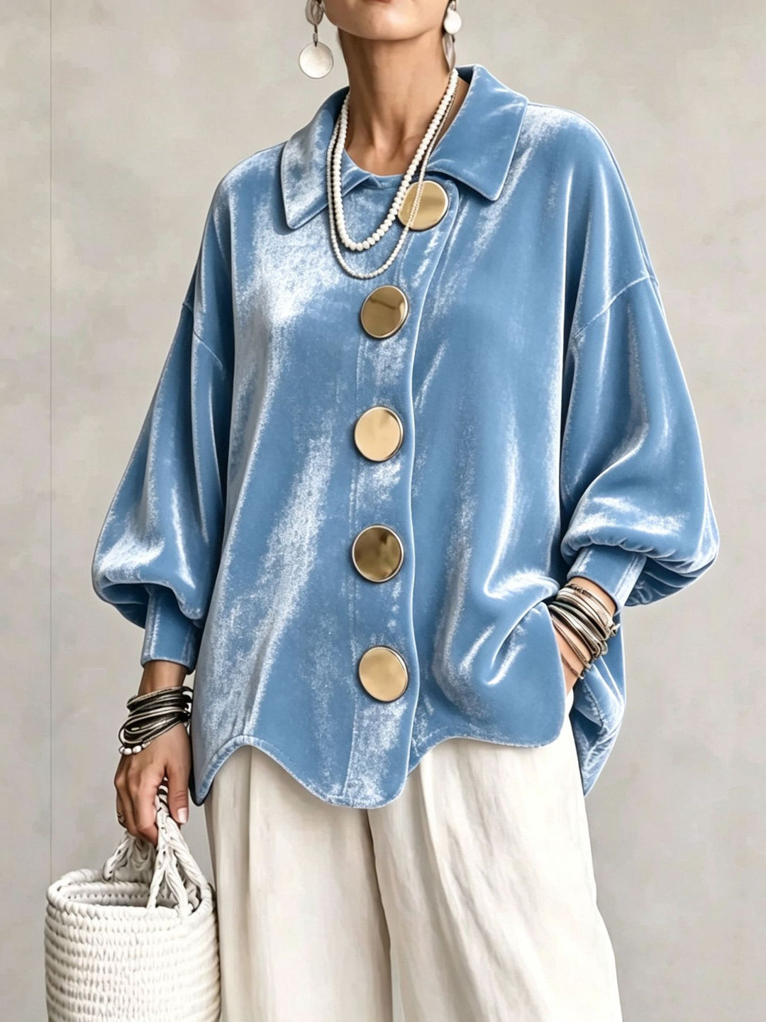 Women's Oversized Velvet Jacket with Large Decorative Buttons and Balloon Sleeves Amarae