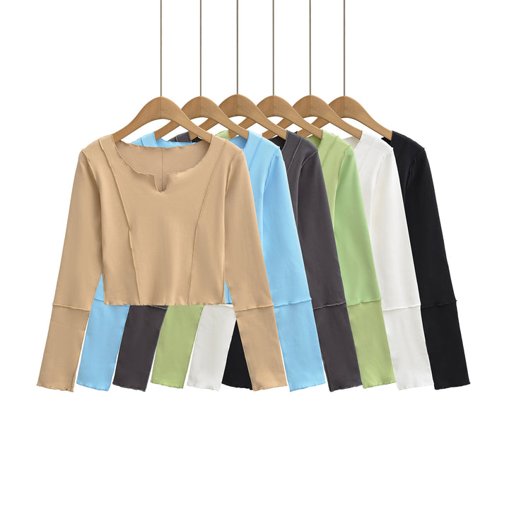 Women's Short Sleeve Long Sleeve Shirt with Visible Rolled Seams and Slit Collar Amarae