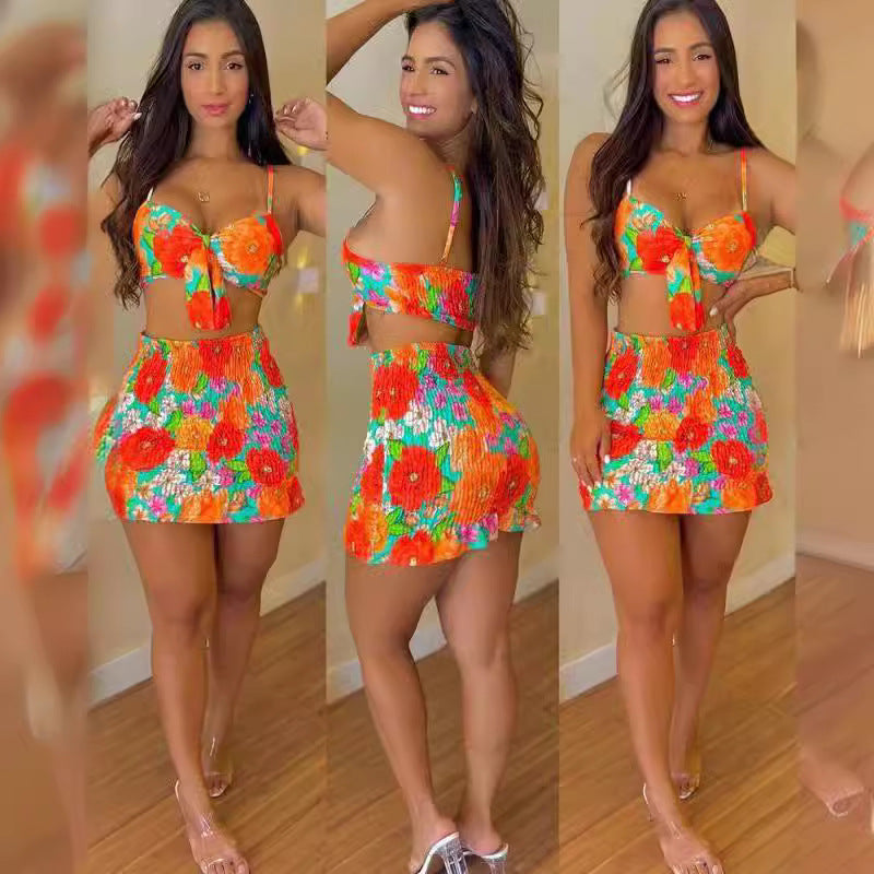 Ladies Colorful Crop-Top and Chic Mini Skirt Set
