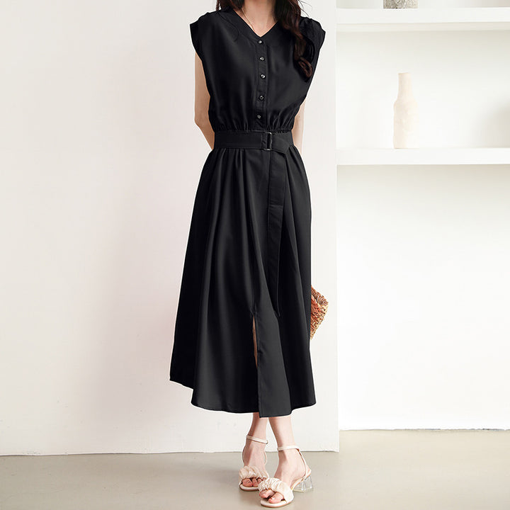 Midi dress for women with button placket and belt at the waist Lune London