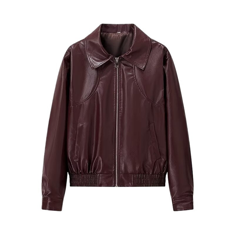 Women Short Tailored Leather Look Boxy Jacket with Zipper and Shirt Collar Amarae