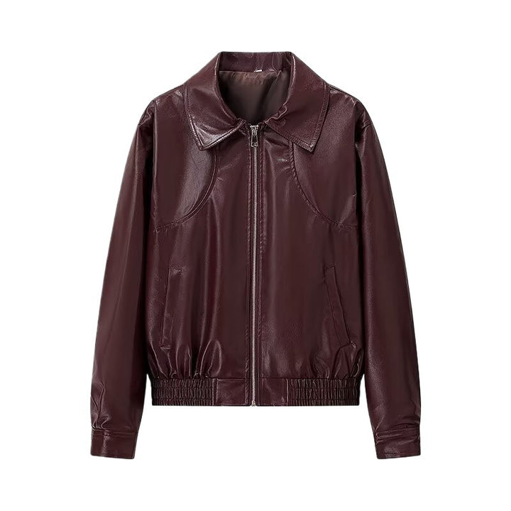 Women Short Tailored Leather Look Boxy Jacket with Zipper and Shirt Collar Amarae