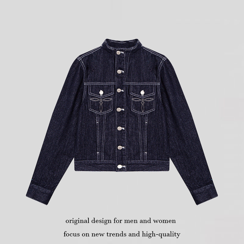 Women Tailored Denim Jacket with Stand-Up Collar, Decorative Seams and Metal Button Closure Amarae