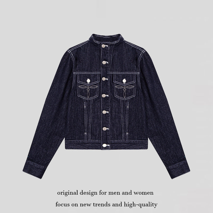 Women Tailored Denim Jacket with Stand-Up Collar, Decorative Seams and Metal Button Closure Amarae