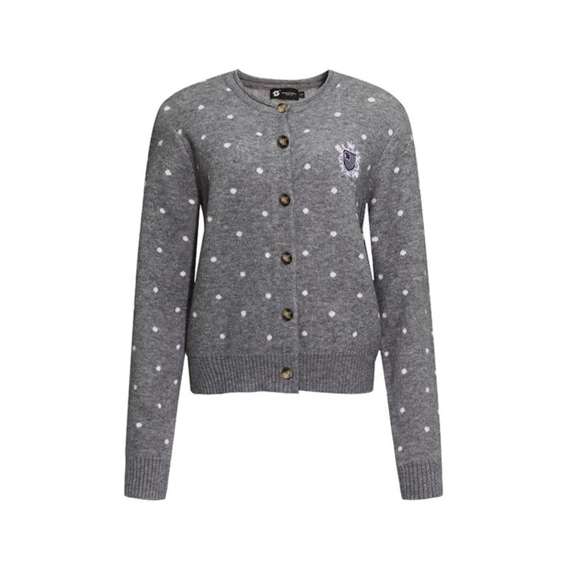 Women's knit cardigan with round neck, polka dot jacquard and decorative badge Amarae