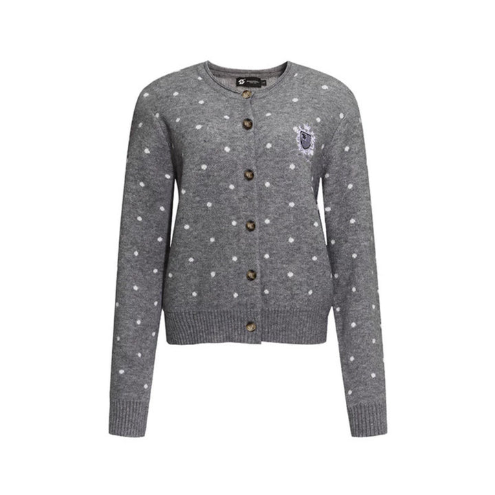 Women's knit cardigan with round neck, polka dot jacquard and decorative badge Amarae