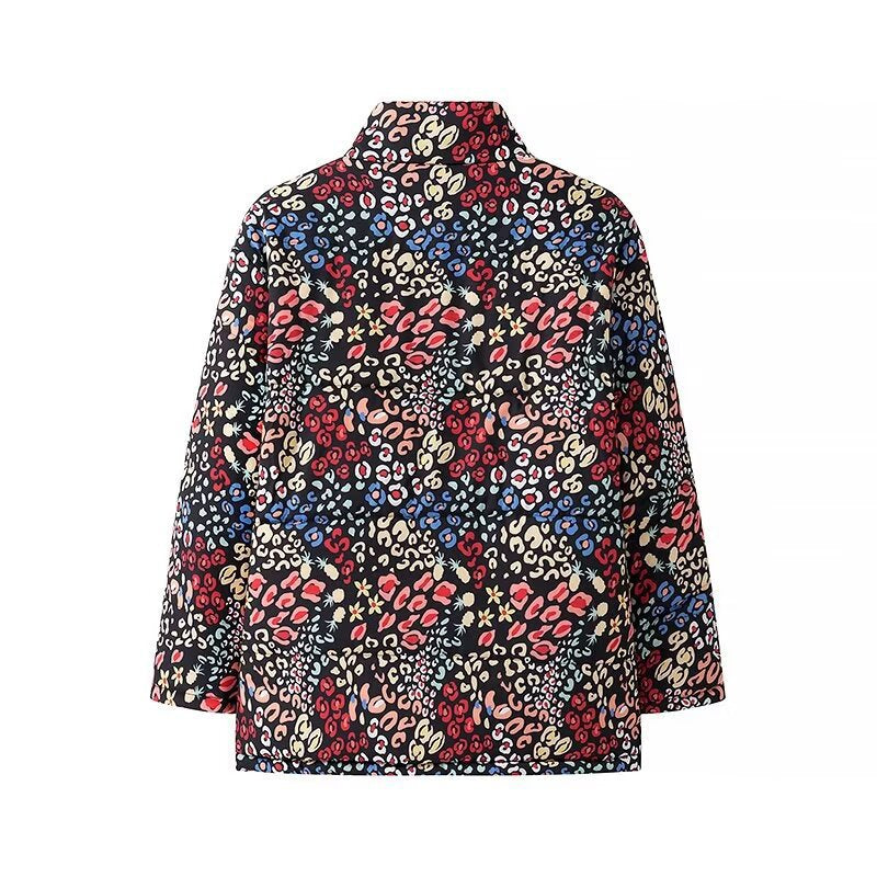 Women's boxy overcoat with stand-up collar, concealed button placket and multicolored all-over print Amarae