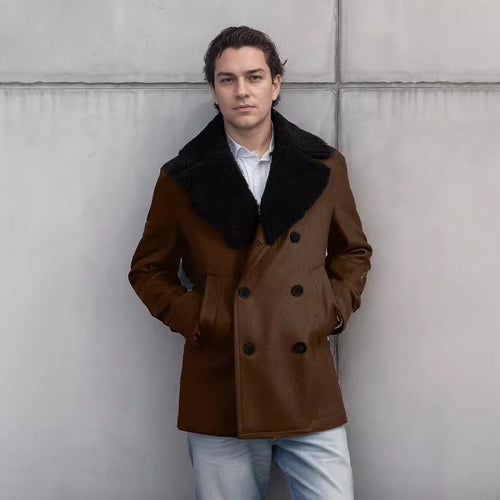 Double-breasted wool coat for men with faux fur collar Amarae