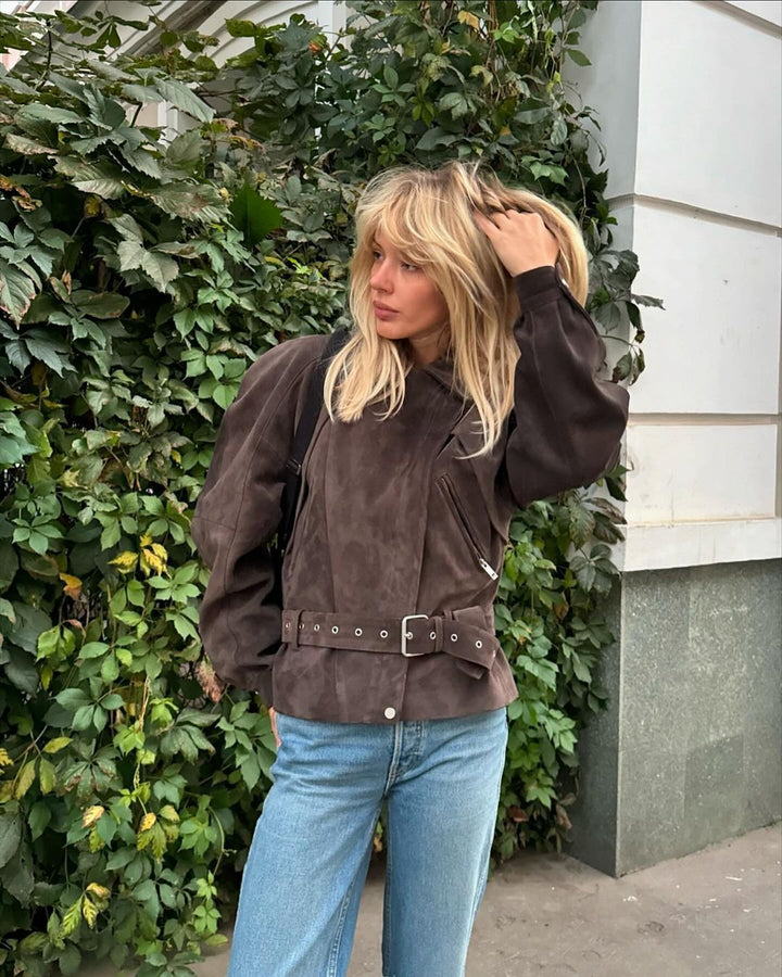 Ladies Fashionable Suede Jacket with Waist Belt Lune London