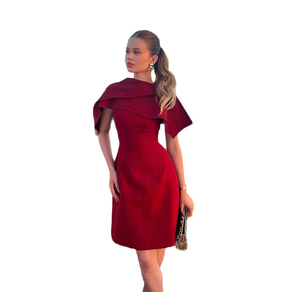 Ladies Elegant Cape Dress with Tailored A-Line and Stand Collar Amarae