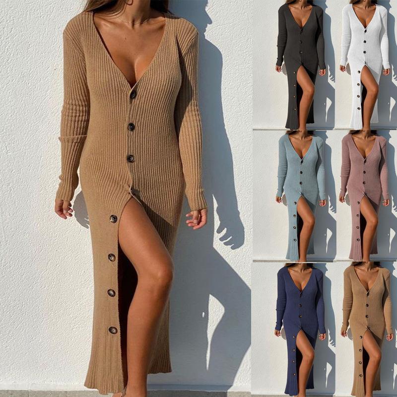 Long sleeve dress for women with continuous button placket and side slit Lune London