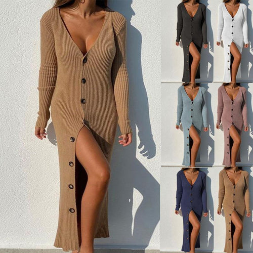 Long sleeve dress for women with continuous button placket and side slit Amarae