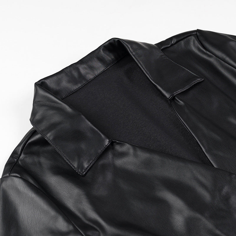 Ladies' wrap mid coat made of faux leather with knot detail and shirt collar Amarae