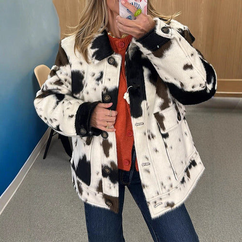 Women's short faux fur jacket in spotted pattern with shawl collar, wooden buttons & patch pockets Amarae