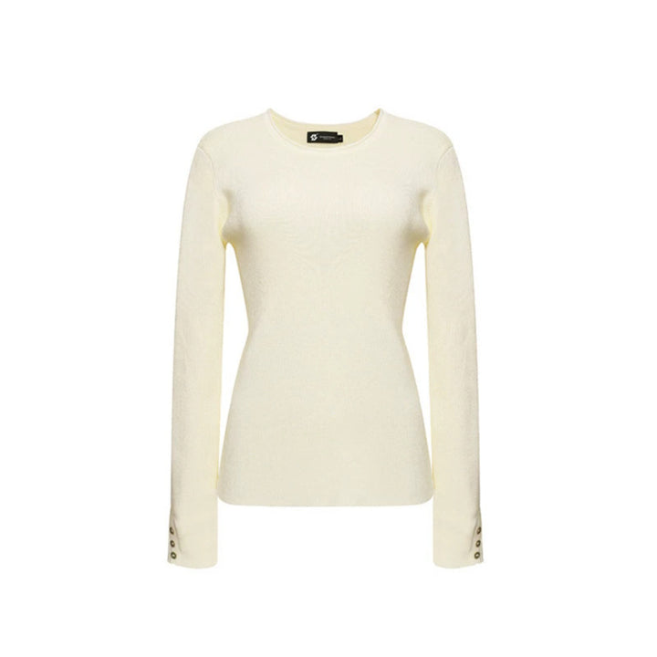 Women's fine knit sweater with round neckline, slim silhouette, and decorative button sleeves Amarae