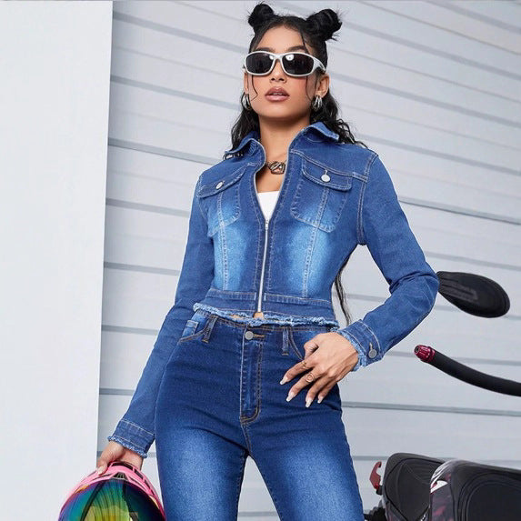 Women's cropped fitted denim jacket with zipper and raw hem Amarae