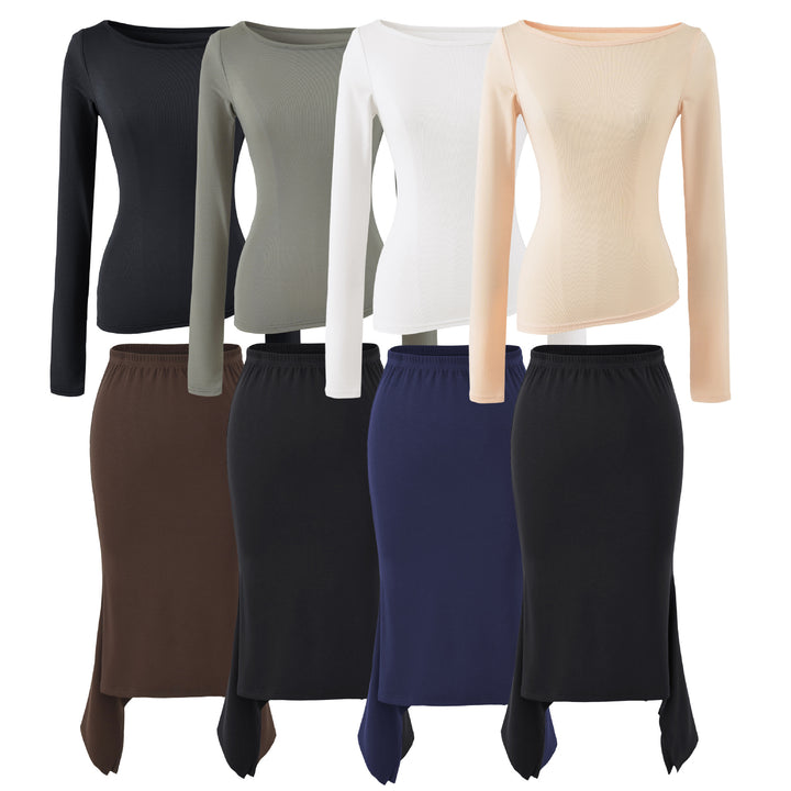 Women's Two-Piece Set with Fitted Long Sleeve Top and Maxi Skirt with Slit Amarae