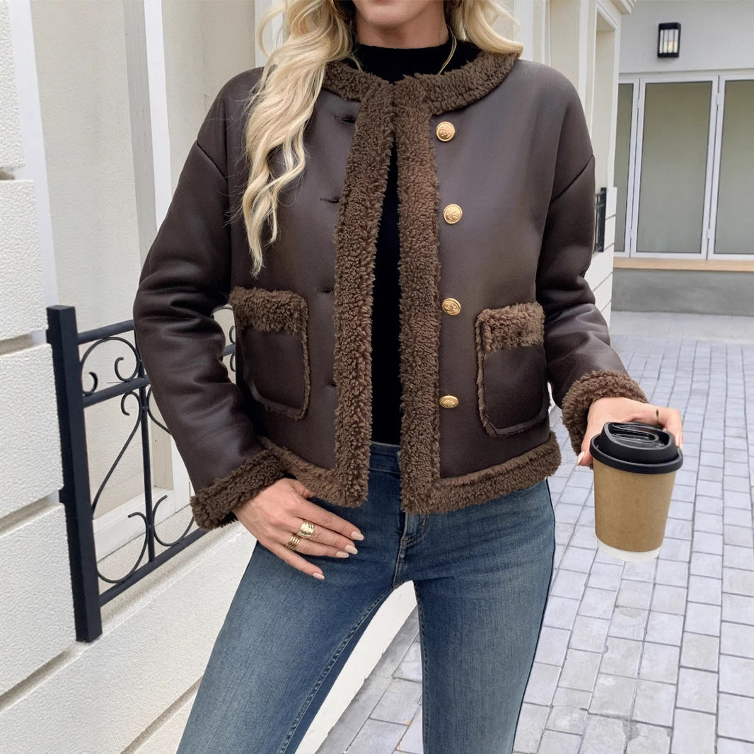Textured short-cut jacket for women with hidden buttons and pockets Lune London