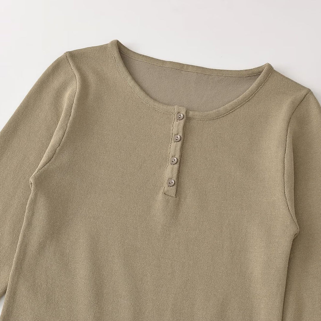 Women's fine knit long sleeve with Henley button placket and flared trumpet sleeves Amarae