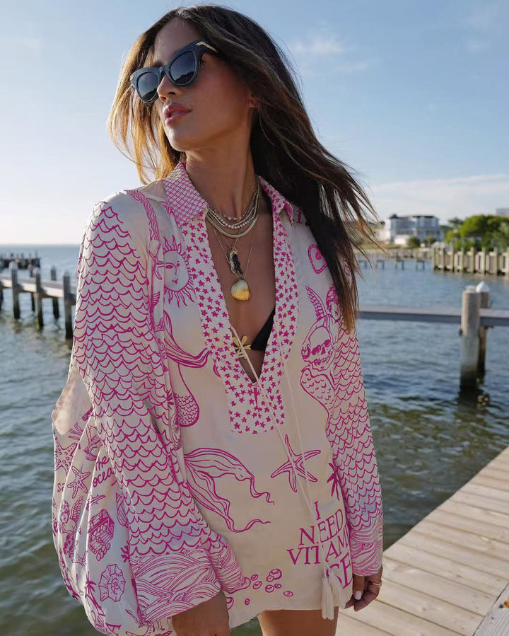 Casual beach blouse for women with an artistic nautical print and an elegant V neckline Lune London
