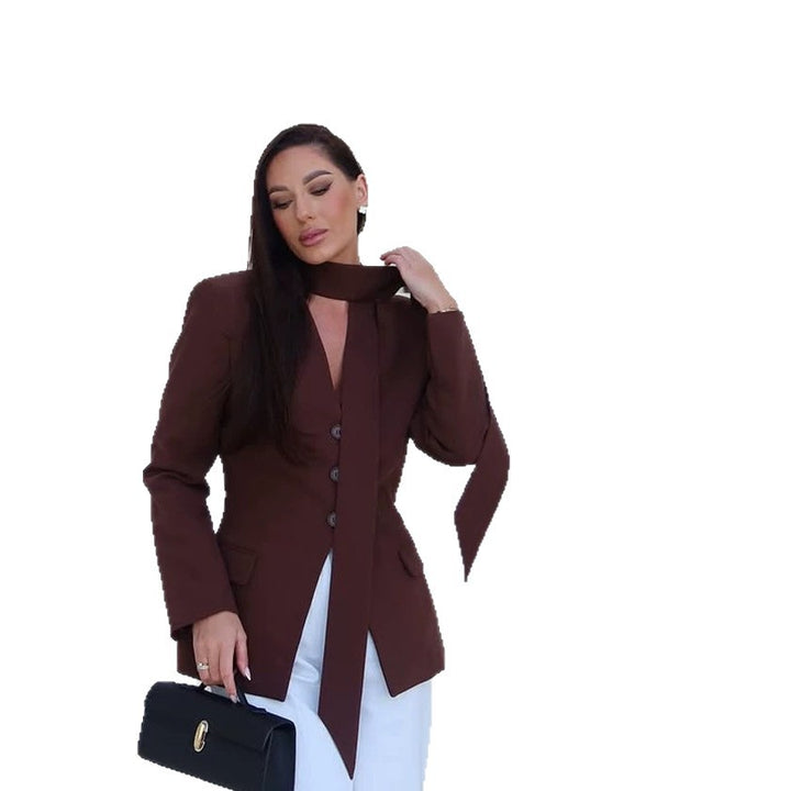 Women's Elegant Tailored Blazer-Pants Set with Integrated Scarf and V-Neck Amarae