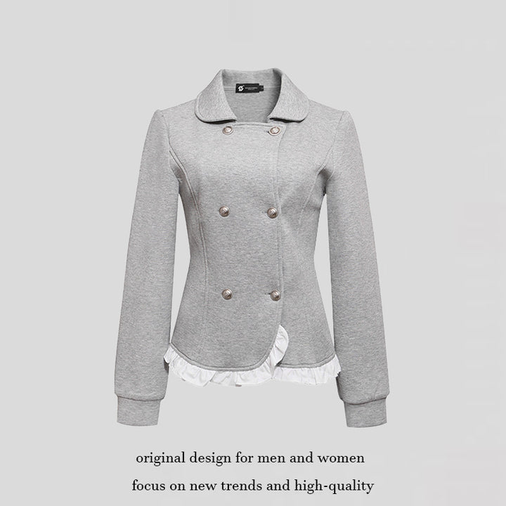 Ladies Tailored Sweat Jacket in Peplum Style with Double Row and Ruffle Trim Amarae