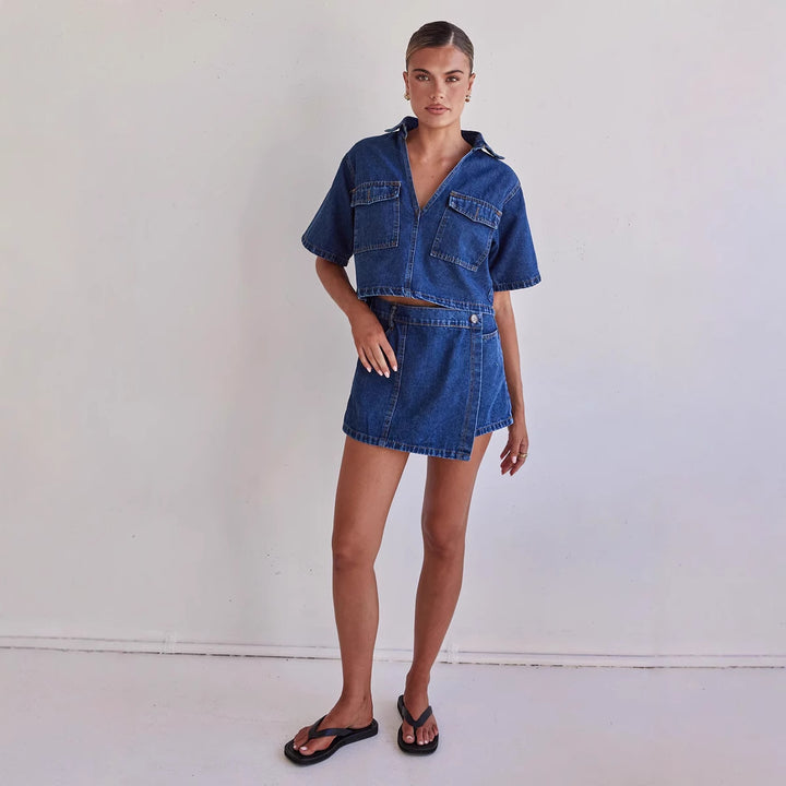Women Denim Short Jacket with Matching Skirt in Casual Style Lune London