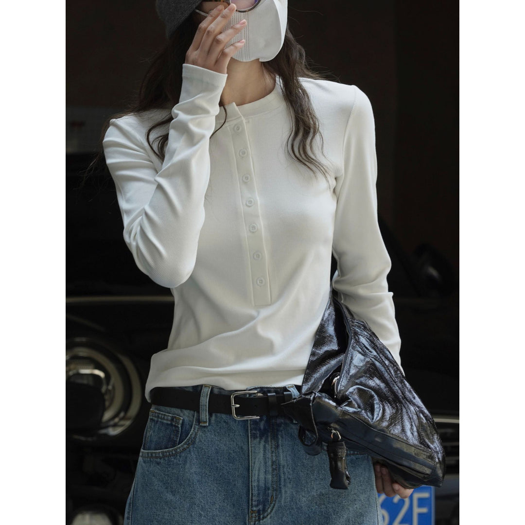 Women's Long Sleeve Henley Shirt with Button Placket and Slim Fit Amarae