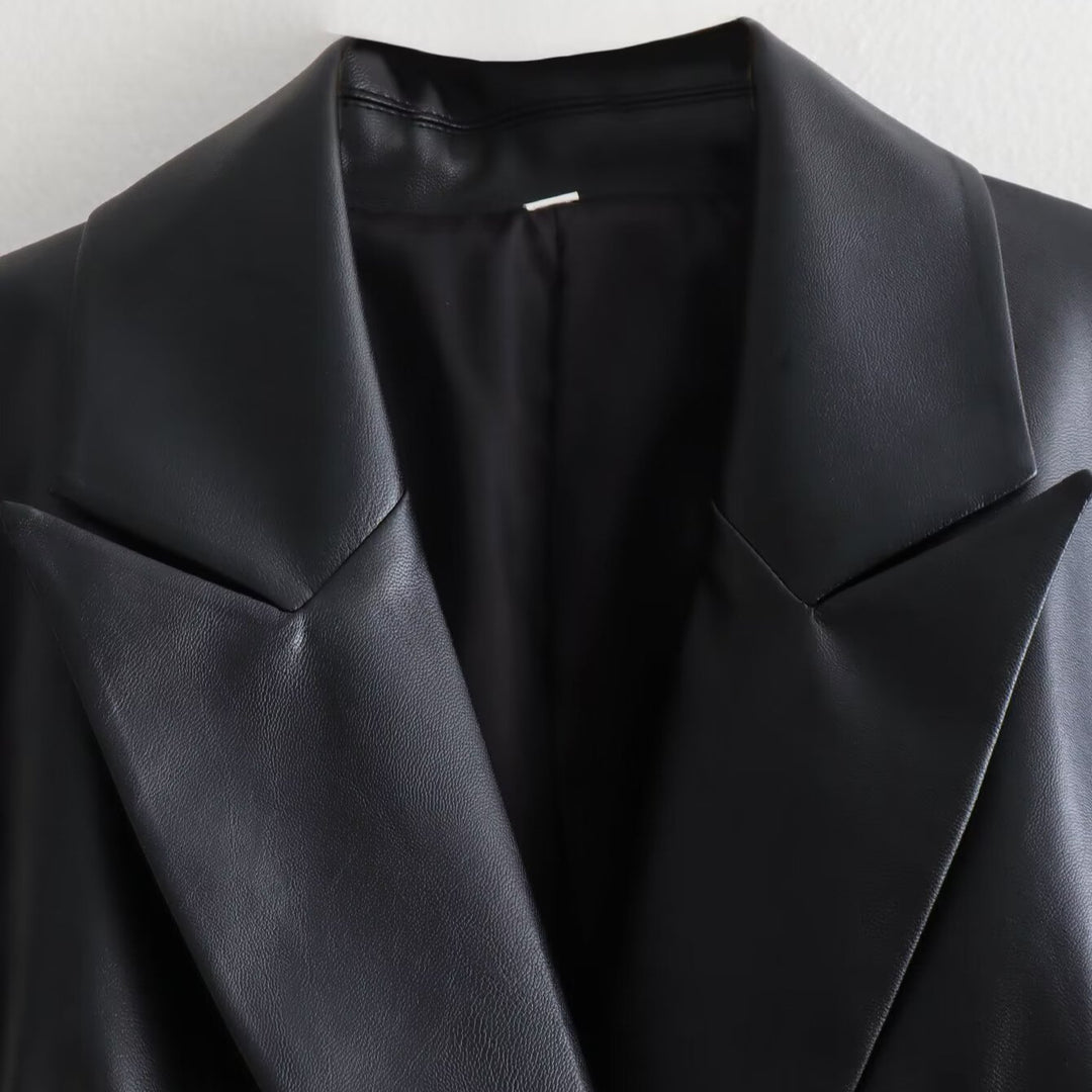 Women's Double-Breasted Faux Leather Blazer with Gold Decorative Buttons and Flap Pockets Amarae
