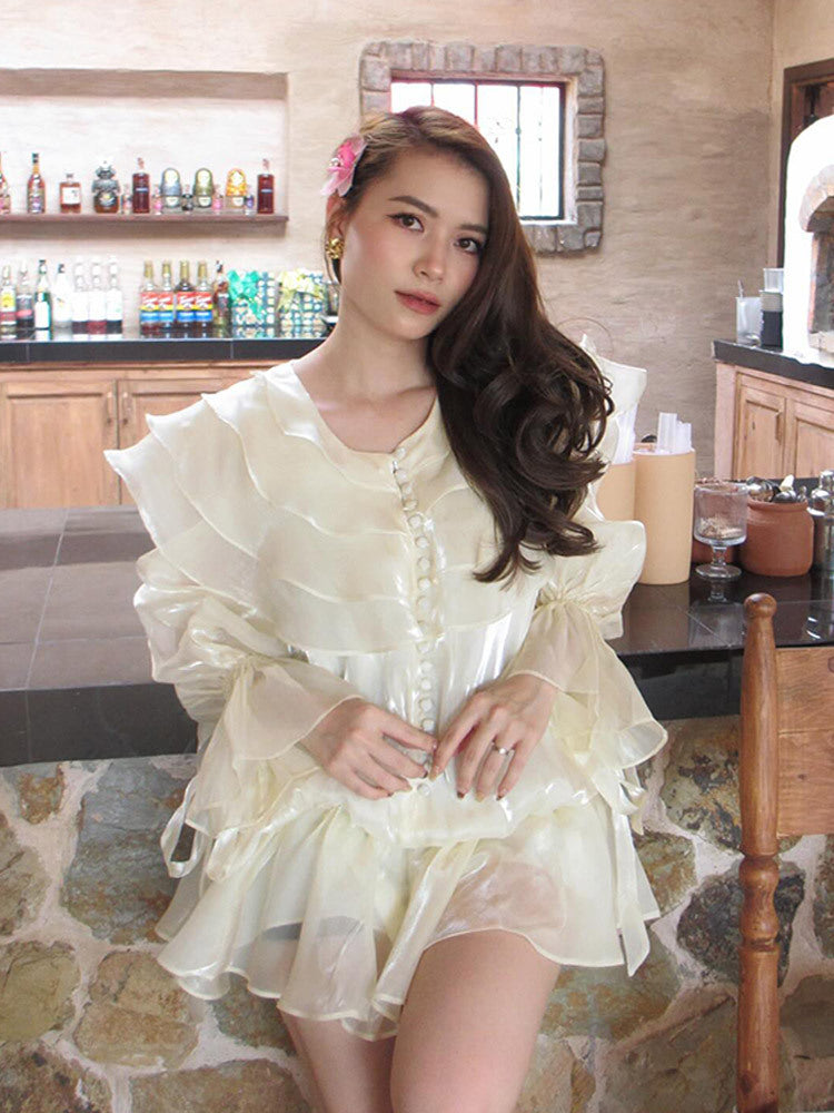 Women's Ruffled Chiffon Mini Dress with Ruffles, Sheer Layer and Button Placket Amarae