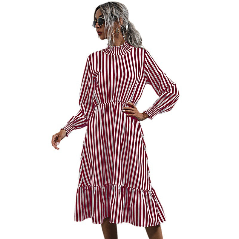 Lune London striped tiered midi dress for women with long sleeves and high collar
